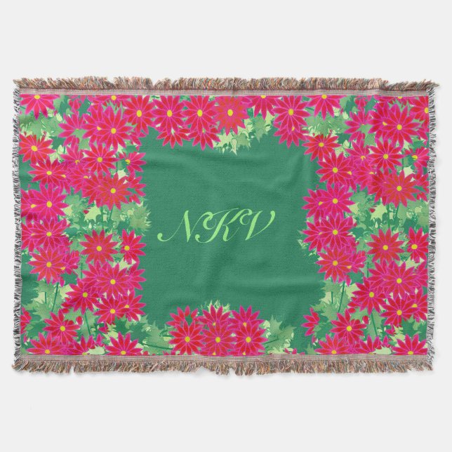 Poinsettia Wreath with Monogram, Red and Green Throw Blanket (Front)