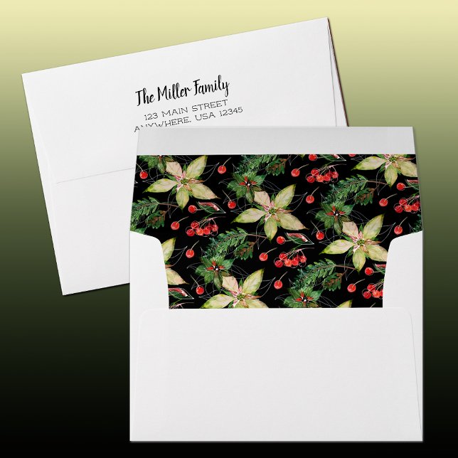 Poinsettias and Berries on Black Envelope (Custom envelope with printed lining and FREE return address is perfect finishing touch to any mail.)