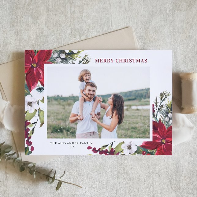 Poinsettias and Fir Leaves Merry Christmas Photo Holiday Card (Creator Uploaded)