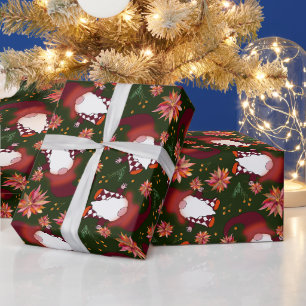 Poinsettias and Gnomes on Dark Green Christmas Wrapping Paper