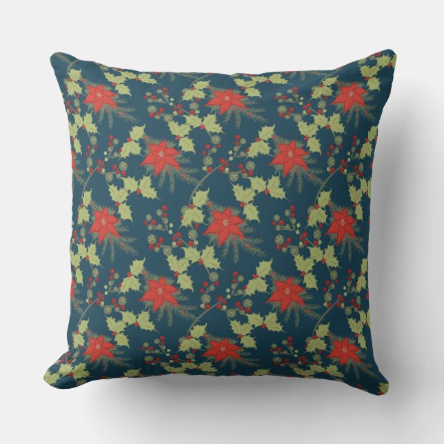 Poinsettias and Holly Christmas Pattern Throw Pillow (Front)