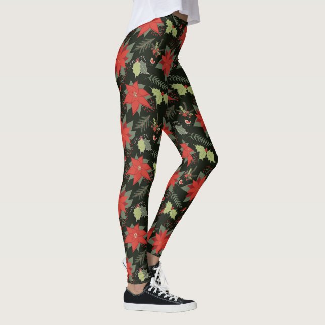 Poinsettias and Holly Leaves Berries Birds Leggings (Right)