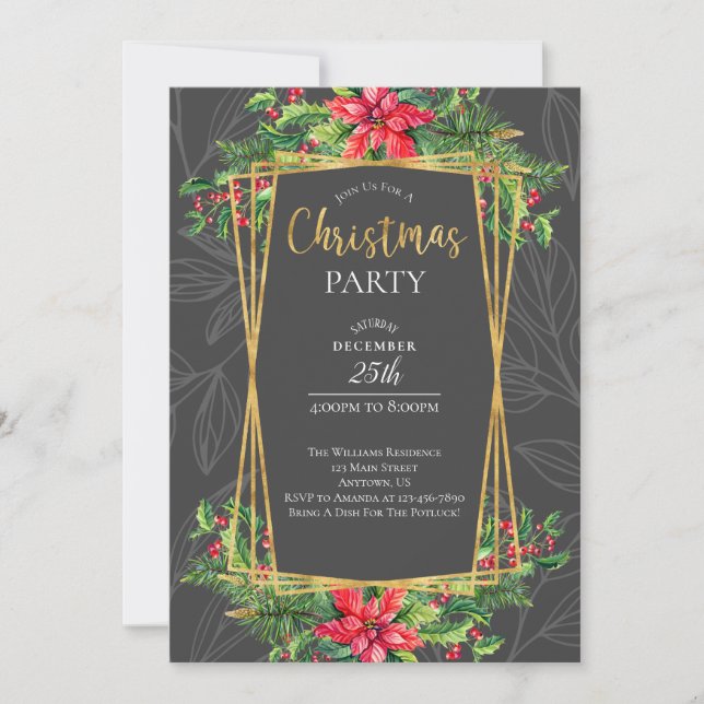 Poinsettias and Holly Red Grey Christmas Invitation (Front)