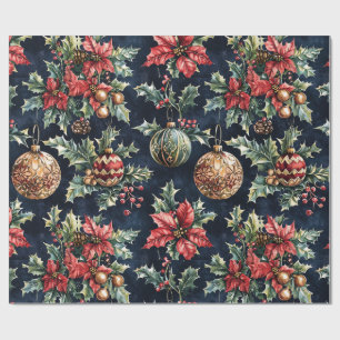 Poinsettias and Ornaments Wrapping Paper