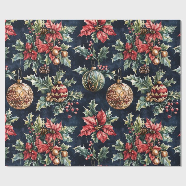 Poinsettias and Ornaments Wrapping Paper (Flat)