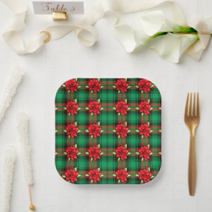 Poinsettias And Plaid Paper Plate