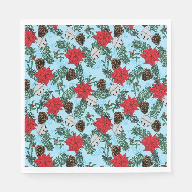 Poinsettias and Silver Bells in Blue Paper Napkins (Front)