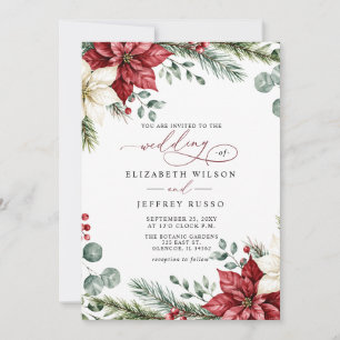Poinsettias Botanical Christmas QR Code Wedding Invitation