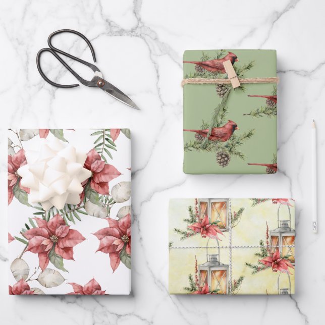 Poinsettias, Cardinals and Pine Branches Assorted Wrapping Paper Sheet (Front)