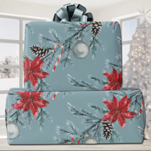 Poinsettias Christmas Blue Spruce Garland Blue Wrapping Paper