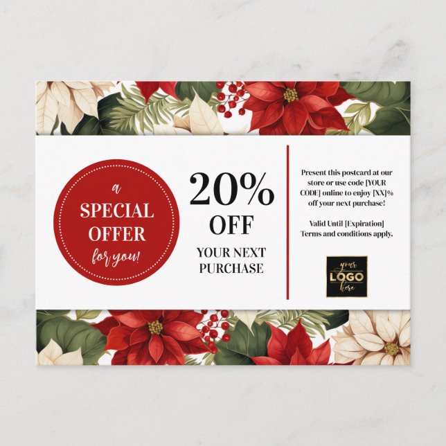 Poinsettias Christmas Custom Coupon Discount  Postcard (Front)