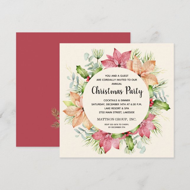 Poinsettias et Pine Wreath Invitations de Noël (Devant / Derrière)