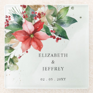 Poinsettias Floral Winter Christmas Wreath Wedding Glass Coaster