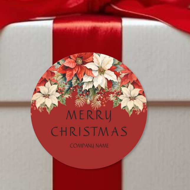 Poinsettias Merry Christmas  Classic Round Sticker (Creator Uploaded)