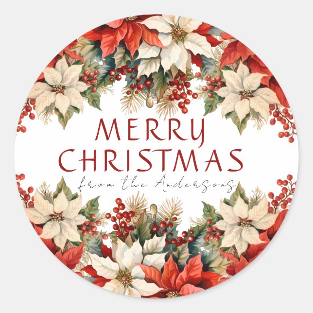 Poinsettias Merry Christmas  Classic Round Sticker (Front)