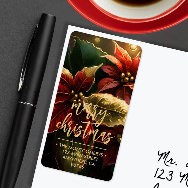 Poinsettias Merry Christmas Return Address Label (Red and gold poinsettias Merry Christmas large vertical return address labels)