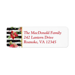 Poinsettias on Black, White Stripes Address Label