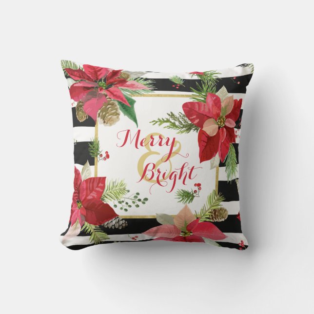 Poinsettias on Black, White Stripes Pillow 4 (Front)