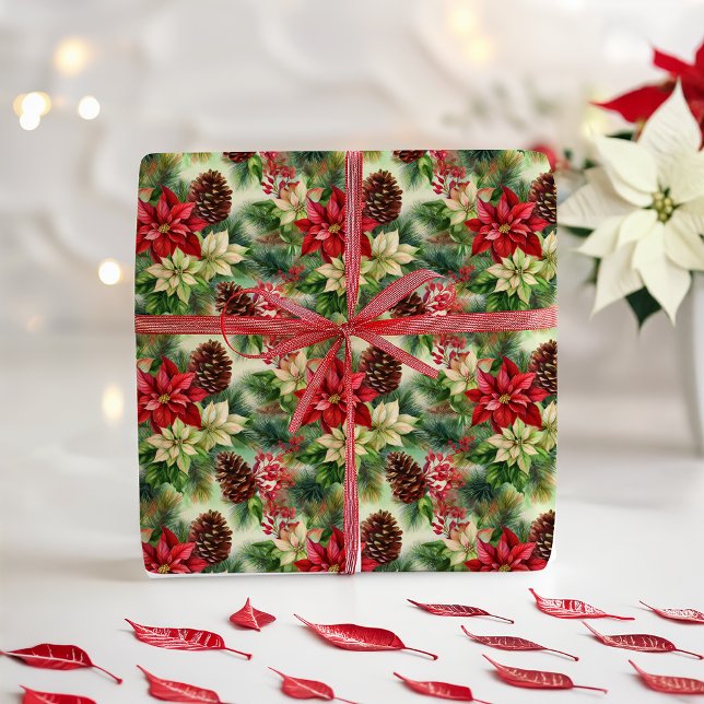 Poinsettias Pine And Pinecones Christmas Holiday Wrapping Paper (Elegant Nostalgic Watercolor Poinsettias, Pine and Pinecones Christmas Holiday Wrapping Paper)