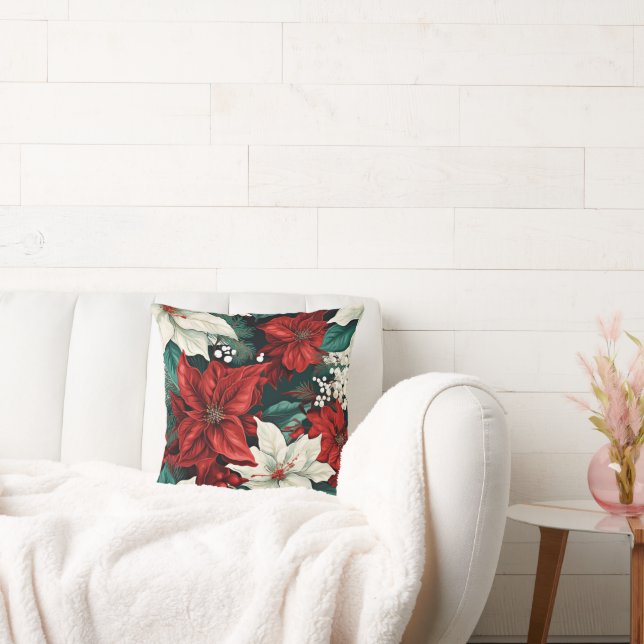 Poinsettias, red and white, throw pillow (Couch)