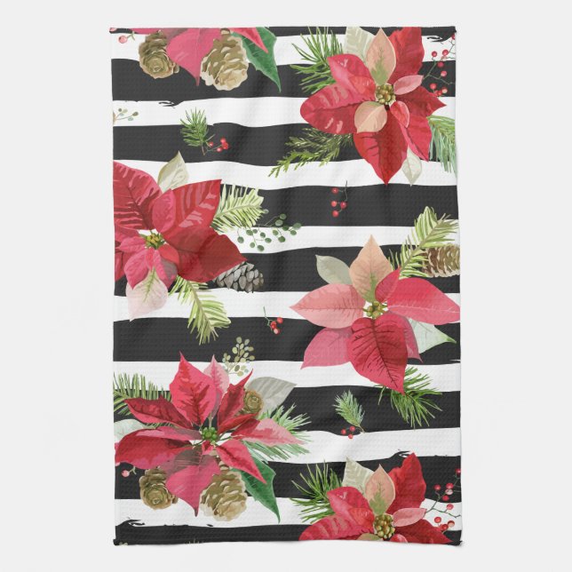 Poinsettias sur Noir, Blancs Serviettes de cuisine (Vertical)