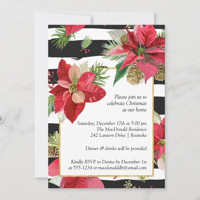 Poinsettias sur Stripes Invitation à la fête de No (Devant)