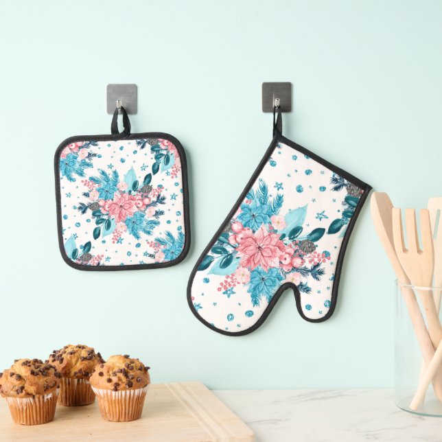 Poinsettias Turquoise Pink  Oven Mitt & Pot Holder Set (Insitu(Hanging))