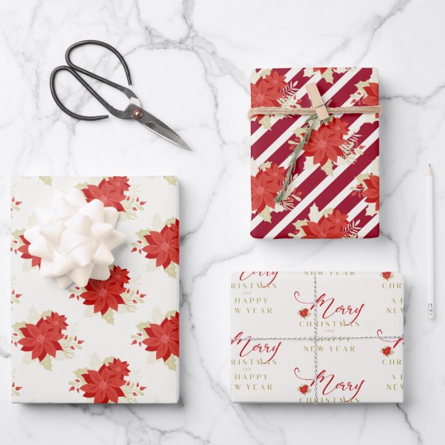 Poinsettias Whimsical Merry Christmas Wrapping Paper Sheet (Front)