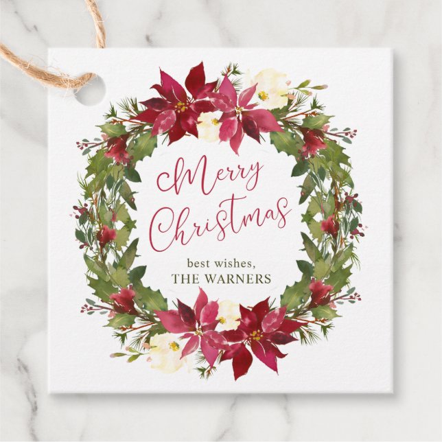 Poinsettias Wreath Christmas Favour Tags (Front)