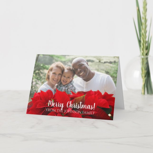Poinsietta Red Personalized Family Christmas Card (Front)