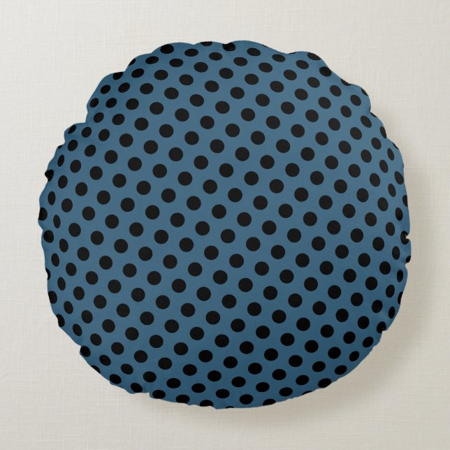 Point Polka noir sur Coussin rond bleu acier (Devant)