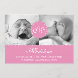 Point rose Polka avec Faire-part de naissance mono