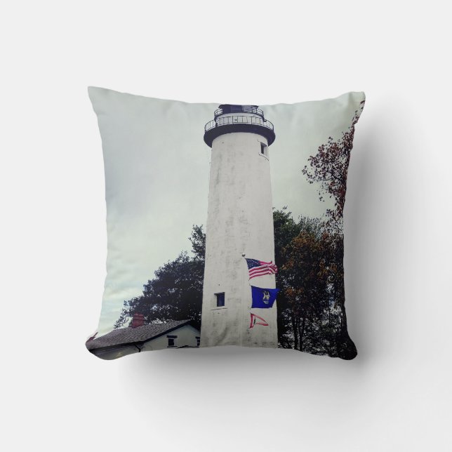 Pointe Aux Barques lighthouse photo created into a Throw Pillow (Front)