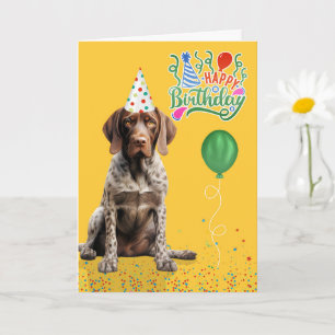 Pointer Dog in a Party Hat on Yellow Birthday Card