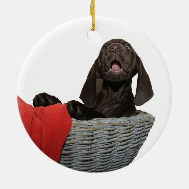 Pointer Sister in a basket Ceramic Ornament (Back)