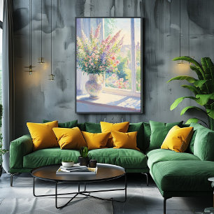 Pointillism Floral Art with Sunlit Garden View Poster