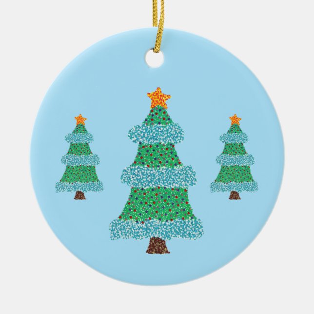 Pointillisme Arbres de Noël sur Bleu, Ornements (Devant)
