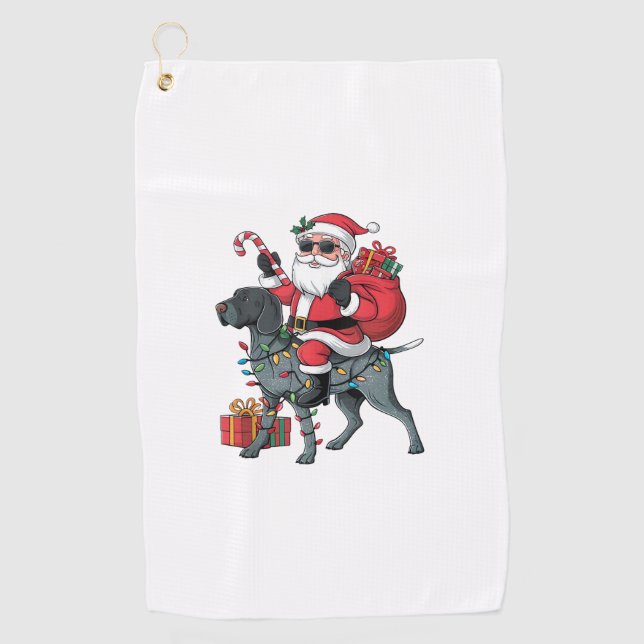 Pointing Dog Lover Funny Santa Riding Pointing Dog Golf Towel (Front)