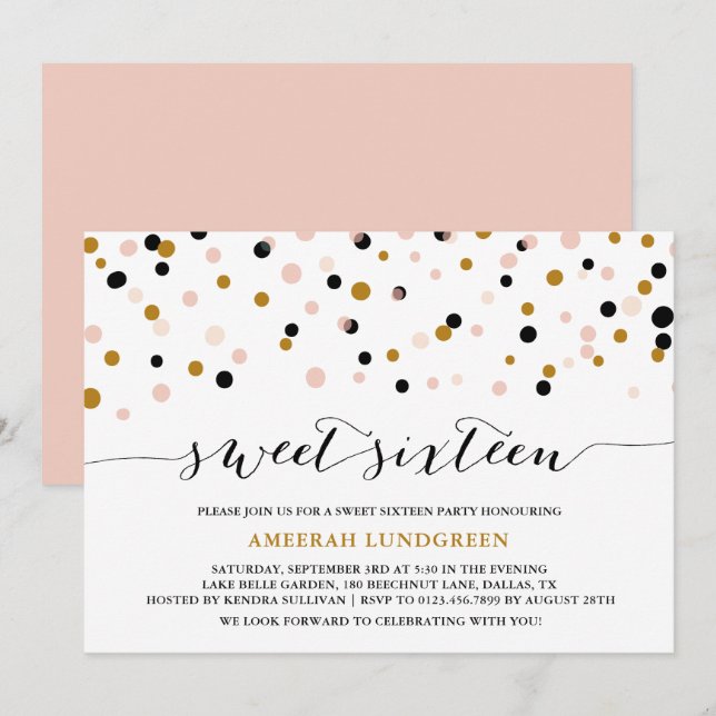 Points Confetti Rose & Or Sweet sixteen Invitation (Devant / Derrière)