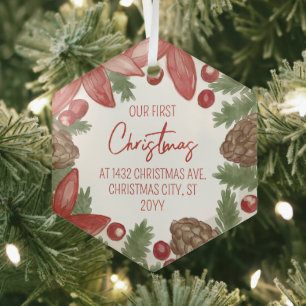 Pointsettia & Pine Our First Christmas At Address Glass Ornament