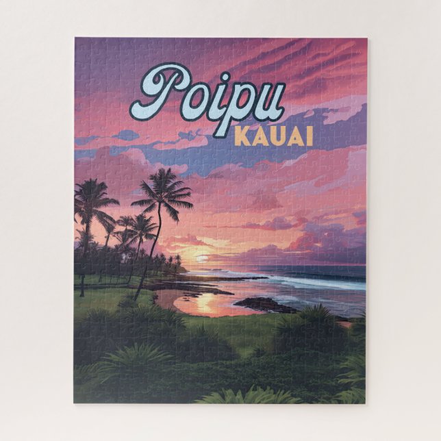Poipu Kauai Hawaii Beach Palm Trees Retro Jigsaw Puzzle (Vertical)