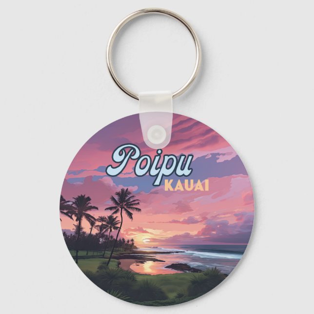 Poipu Kauai Hawaii Beach Palm Trees Retro Keychain (Front)