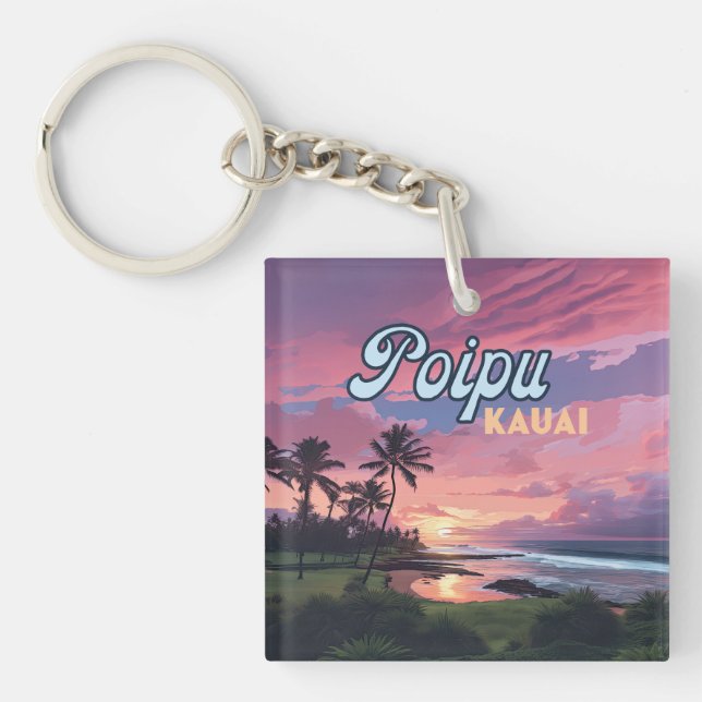 Poipu Kauai Hawaii Beach Palm Trees Retro Keychain (Front)
