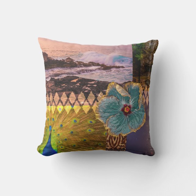 Poipu Sunrise, Kauai Hawaiian Collage Reversible Outdoor Pillow (Front)