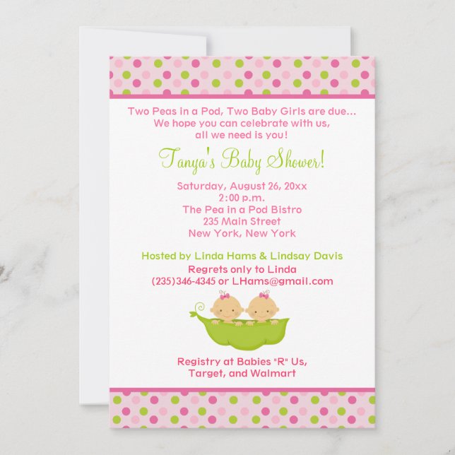 Pois dans un Baby shower Twin Girls 5x7 Invitation (Devant)