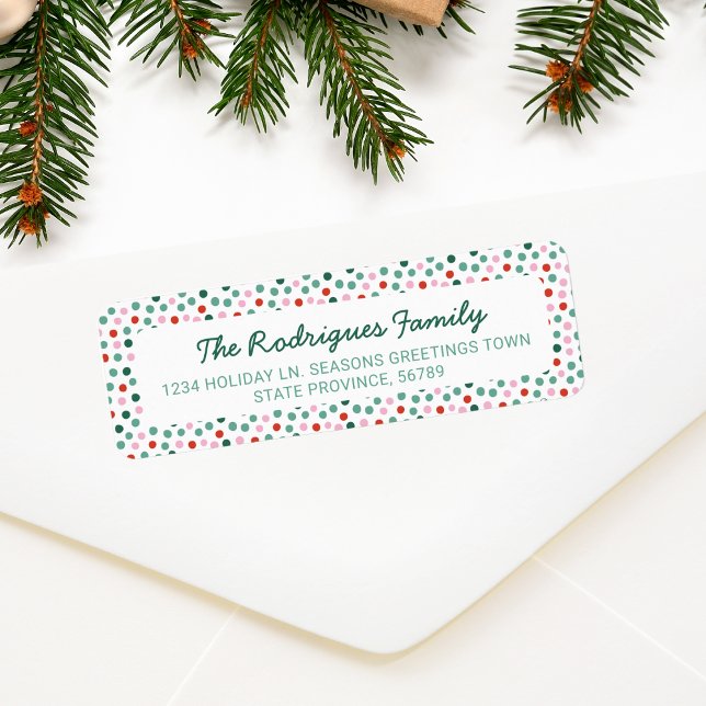 Pois de Noël amusants Adresse de retour Label (Christmas polka dots confetti pattern in pink red and green color)