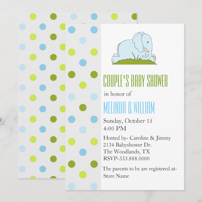 Pois et invitation de baby shower d'éléphant (Devant / Derrière)