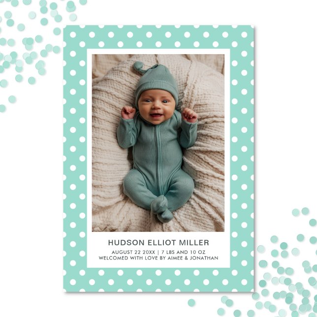 Pois faire-part de naissance Aqua Modern Card (Polka dot birth announcement card in aqua)