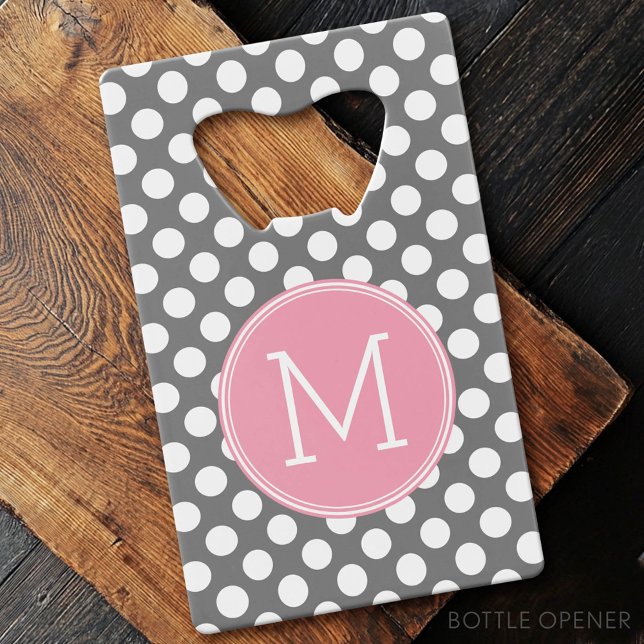 Pois Pastel rose et gris avec monogramme personnal (Custom Bottle Opener - Card Style)