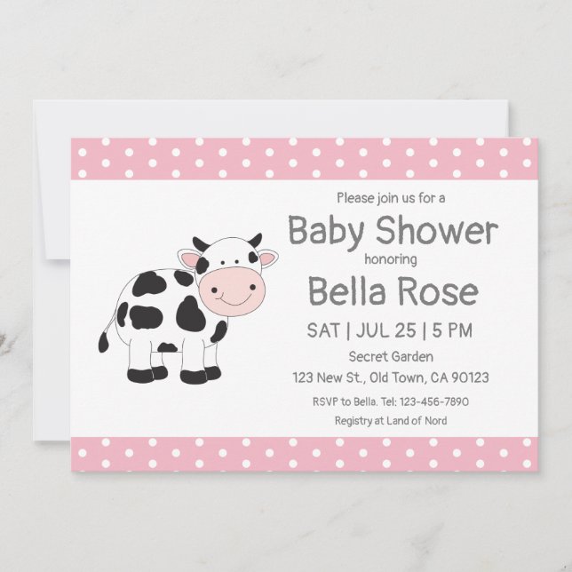 Pois rose Vache bébé douche Invitations (Devant)